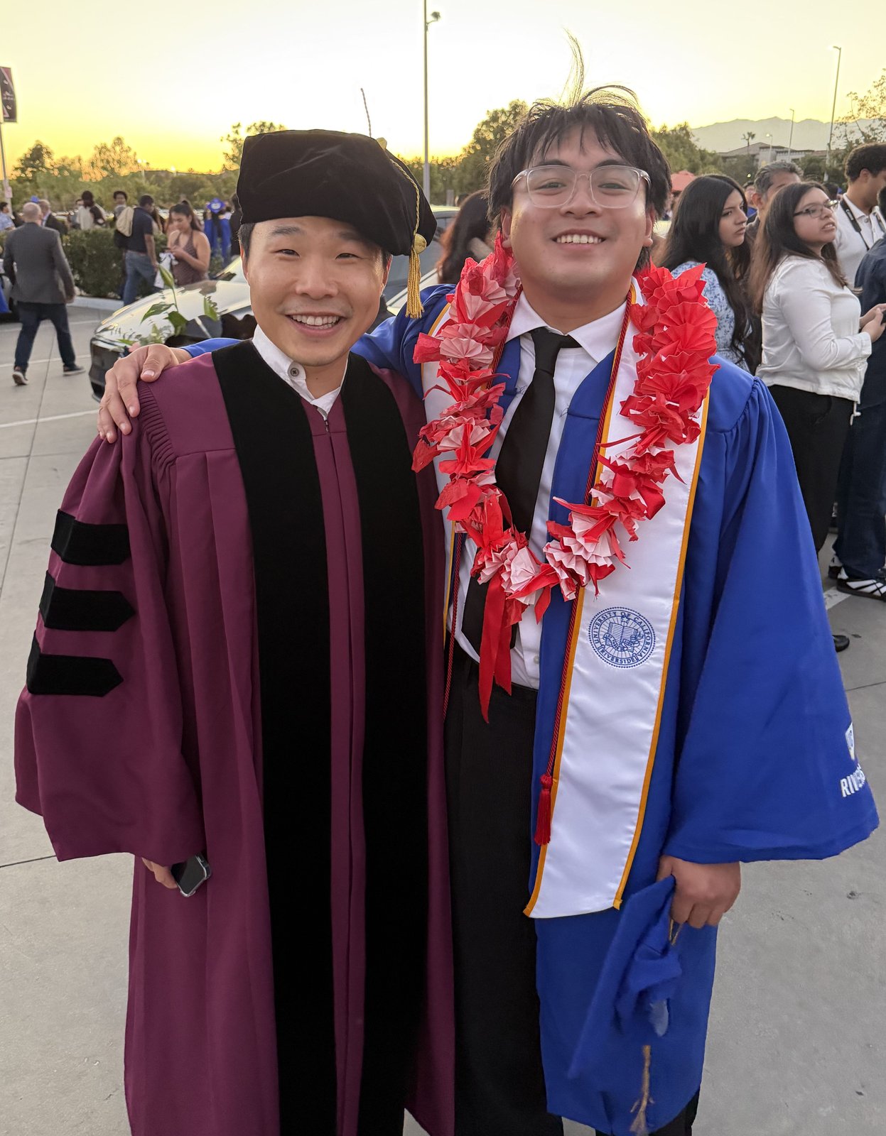Matthew Dimandaal with Professor Ye Li after UCR commencement