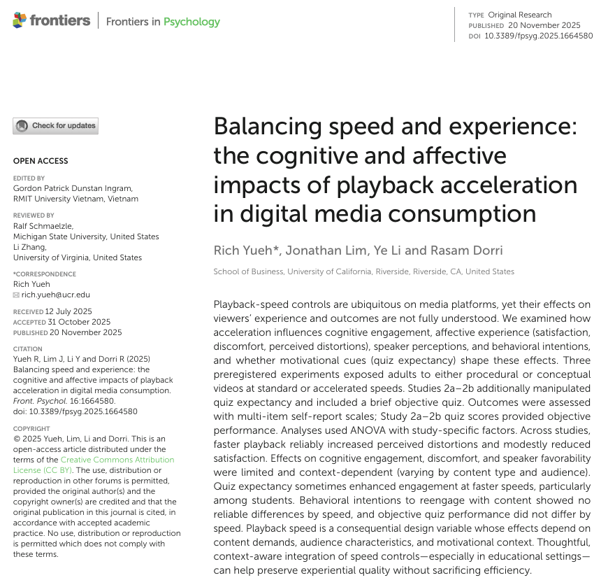 Front page of the Frontiers in Psychology article on playback acceleration in digital media consumption